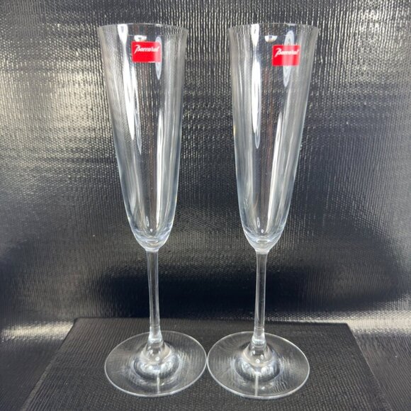 Baccarat FILAO Fluted Champagne Glass Clear Crystal Stems Signed W Stickers Set2